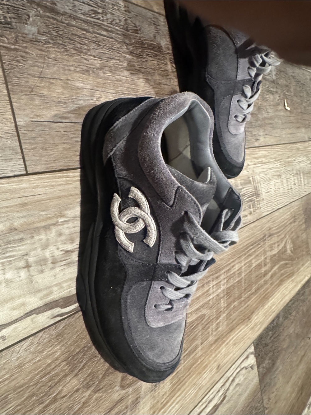 CHANEL Gray and Black Suede Athletic Sneakers